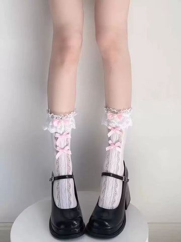Fantasy Doll - Lace Trim - Mid-Calf Socks with Decorative Bows