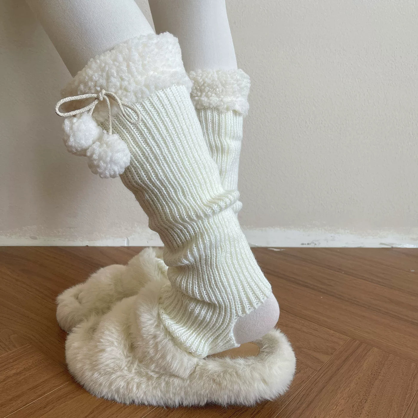 Sock Noble - Winter Pom-Pom - Knit Leg Warmers with Lace and Fluffy Foldover Trim