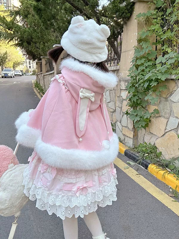 Jelly Girl - Winter Bunny - Plush Hooded Cape with Pom-Pom Ties