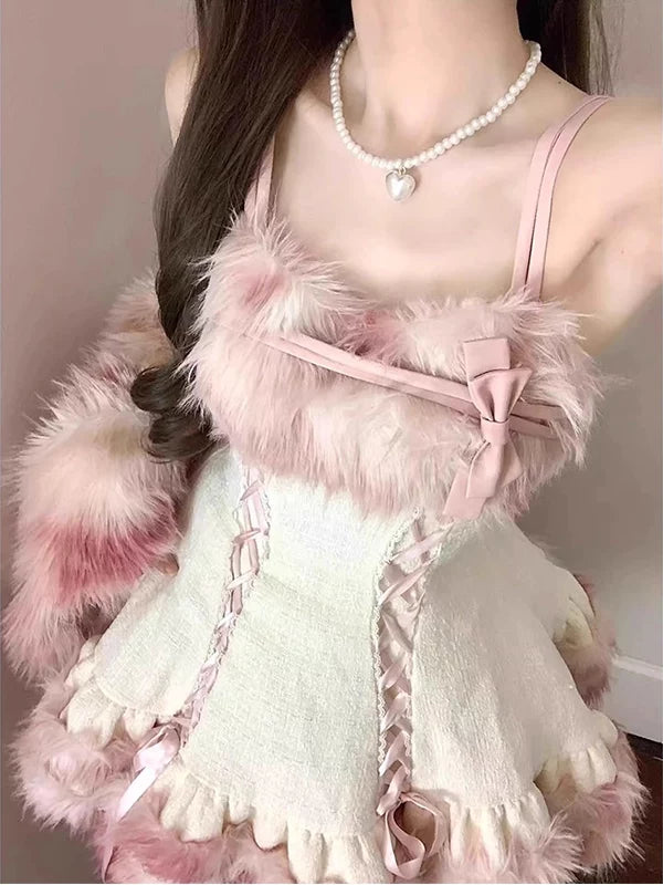 Pink plush jacket and suspender dress styled in a pale Lolita coordinate.