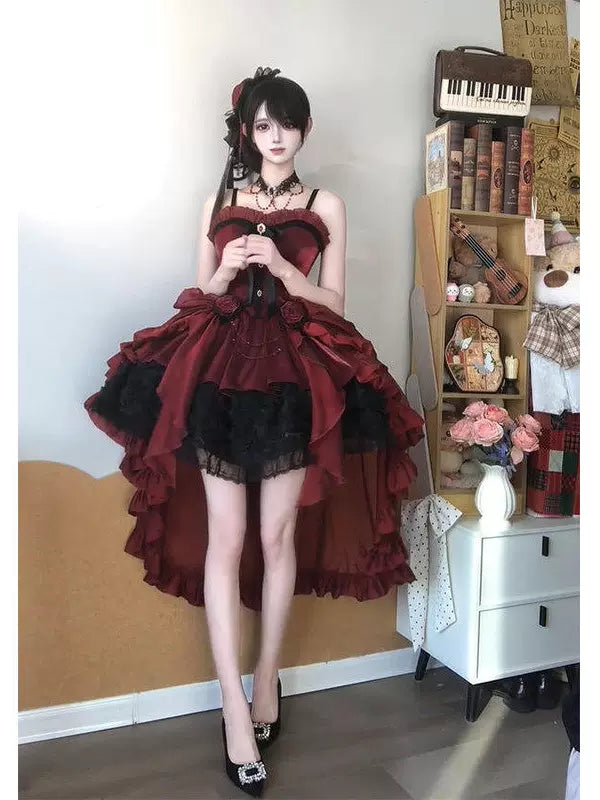 Creamy - Crimson Rose - Red JSK Dress Set with Black Ruffles and Large Train