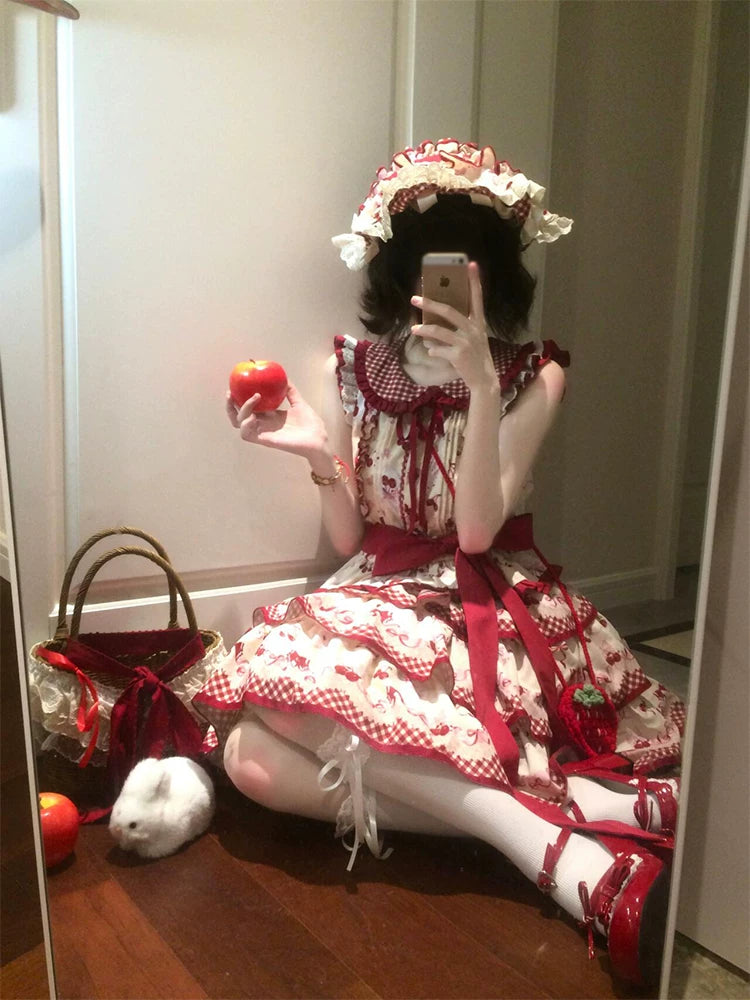 Dream Bunny - The Cherries Are Ripe - Cherry-Print Lolita Fashion Set with Gingham Ruffles