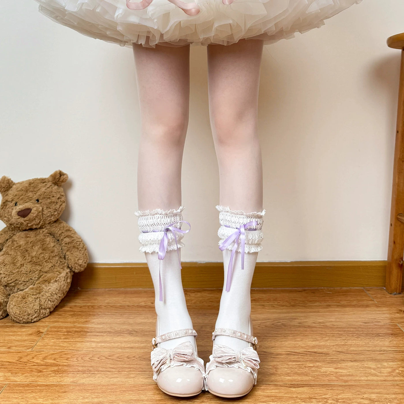 Chubby Bear Tales - Cream Ballet Ribbon - Socks with lace cuffs and tie ribbons