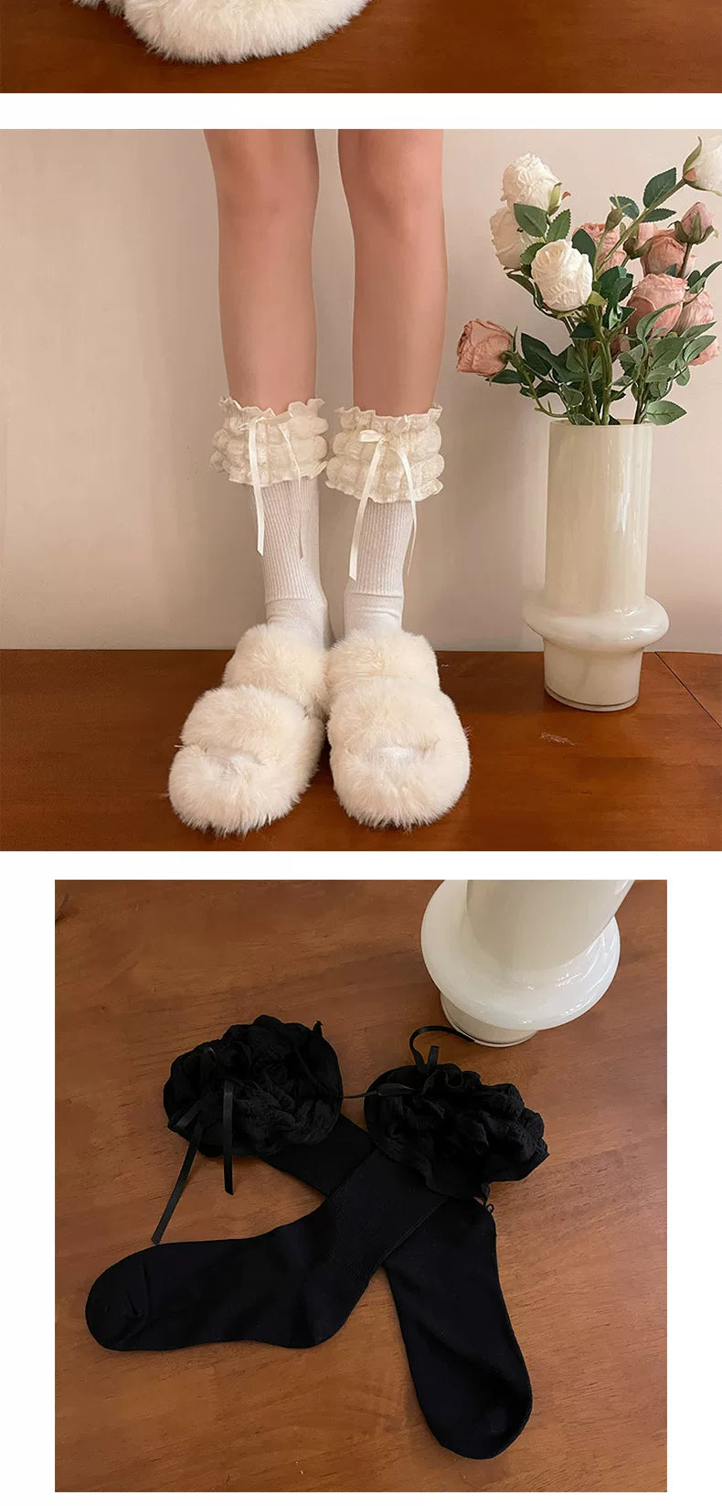 Sock Noble - Puff Cream - Slouch Socks with Ruffled Ribbon Cuffs