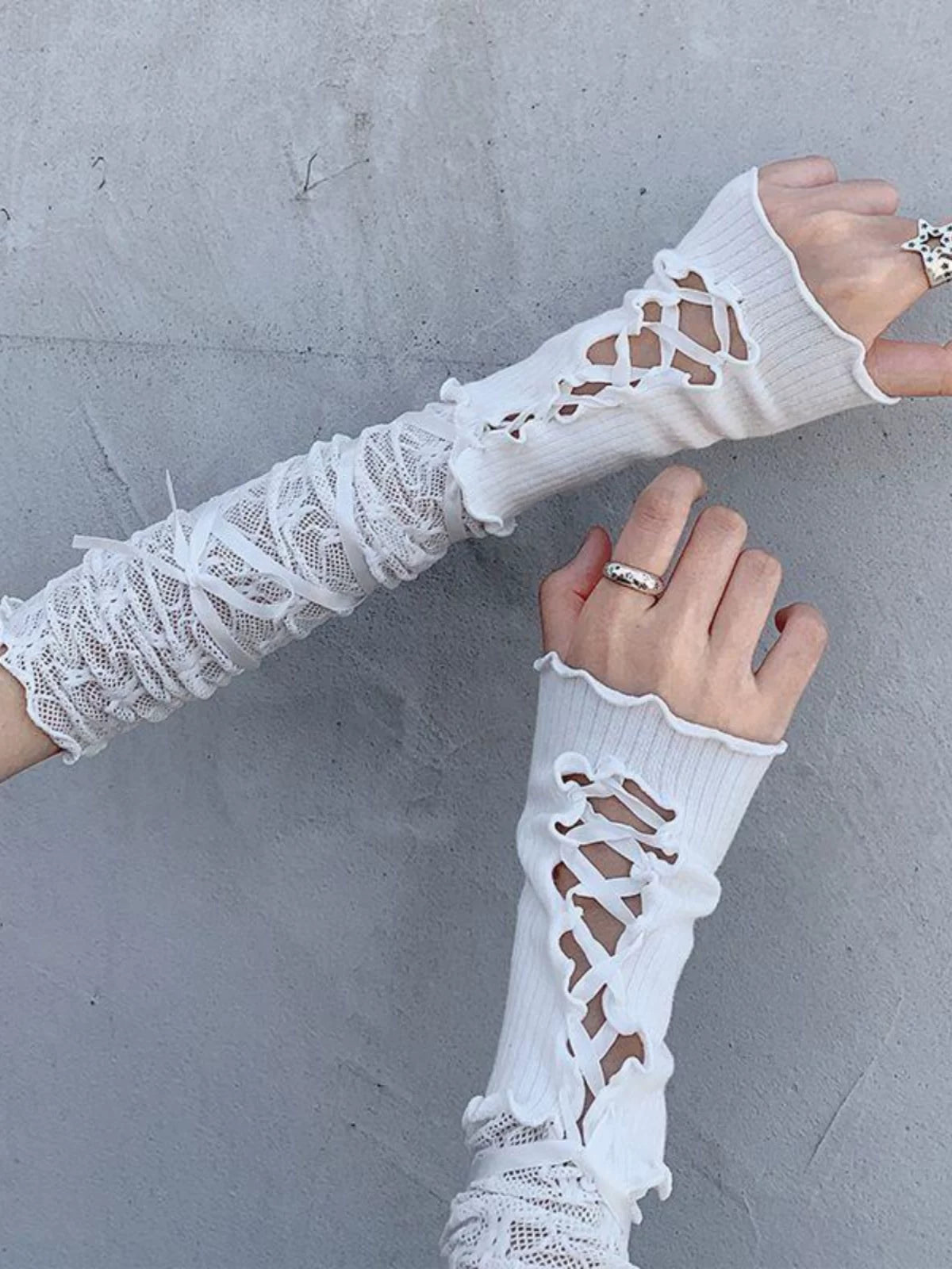 Black and white Lolita lace arm sleeves and gloves with criss-cross ties