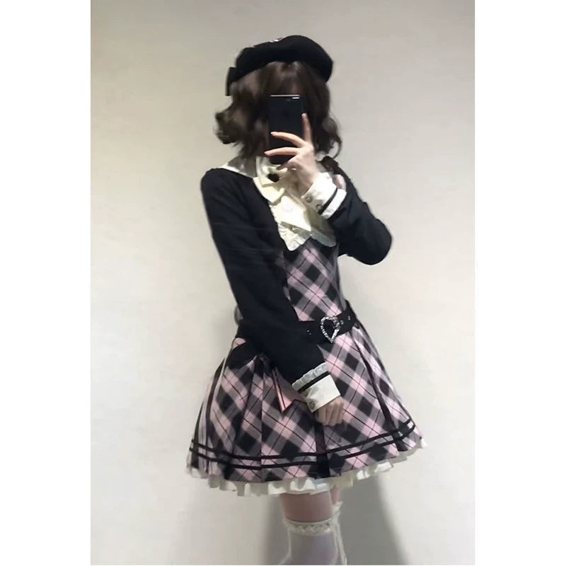 Creamy - Pink Plaid Noir - Pink one-piece dress (OP) with black faux two-piece styling