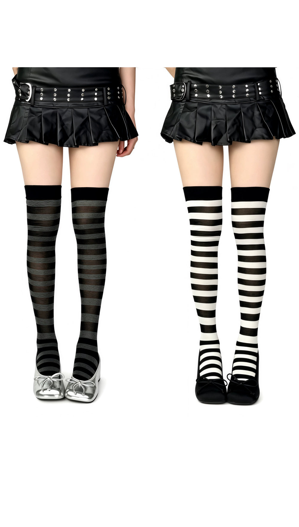 Composite product images showing black-and-gray and black-and-white striped over-the-knee socks.