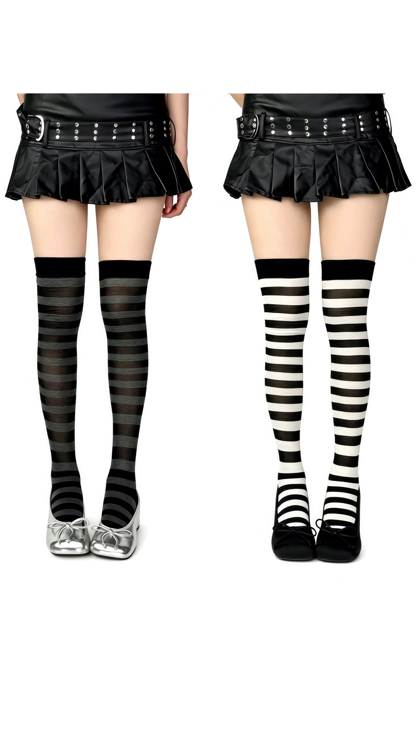 Black-white and black-gray striped over-the-knee socks shown with Lolita shoes.