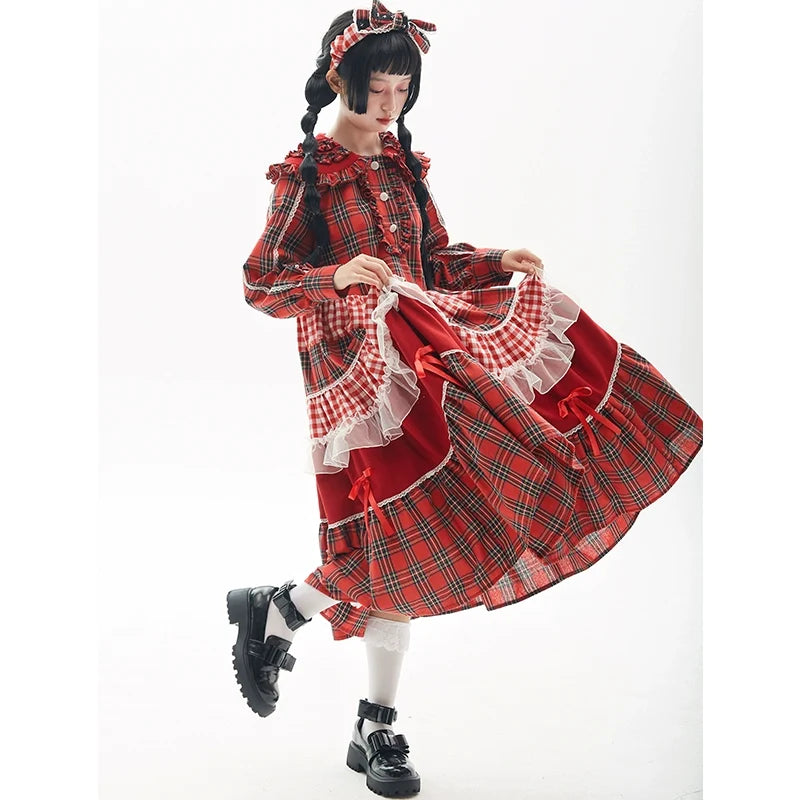 SOS MEME CLUB - Vintage Plaid - Red Vintage Lolita OP dress with a doll collar - product detail 5