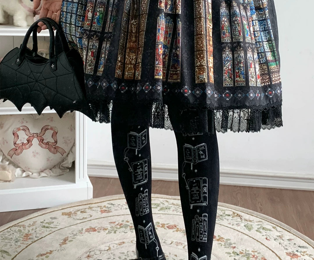 roji roji - The Book of Magic Rabbits - Velvet Tights with Repeating Book Motifs