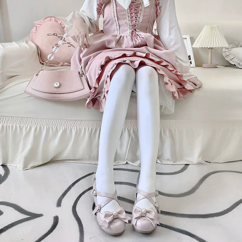 Floral Milk Cat - Velvet Ballet - White Footed Tights in 800D Fleece or 80D Non-Fleece