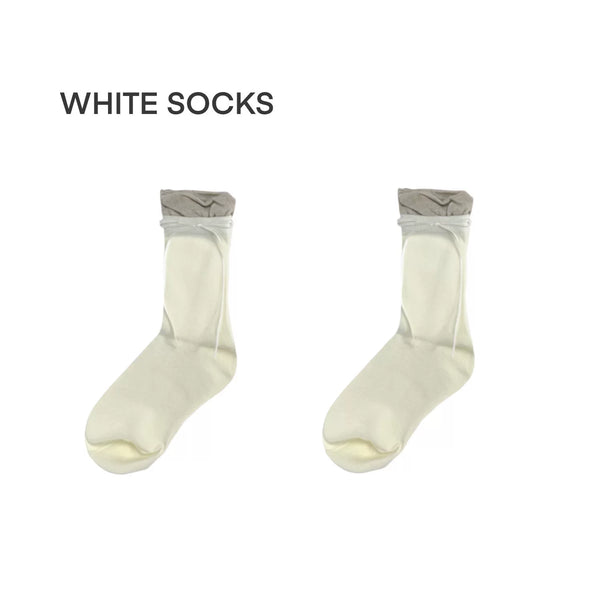 White Socks light-gray calf socks with faux-layered pale green cuffs and side ties