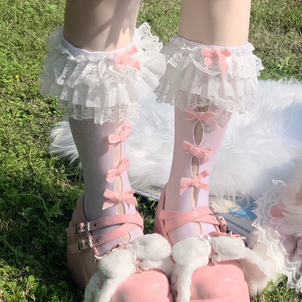 Vermicelli velvet bow Lolita mid-calf sock with lace trim and cutout bow details