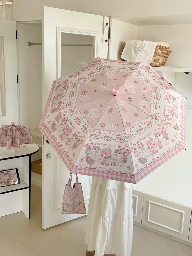 Independent Brand - Cherry Blossom Cat and Lamb - Cat motif sun/rain umbrella with manual and automatic options