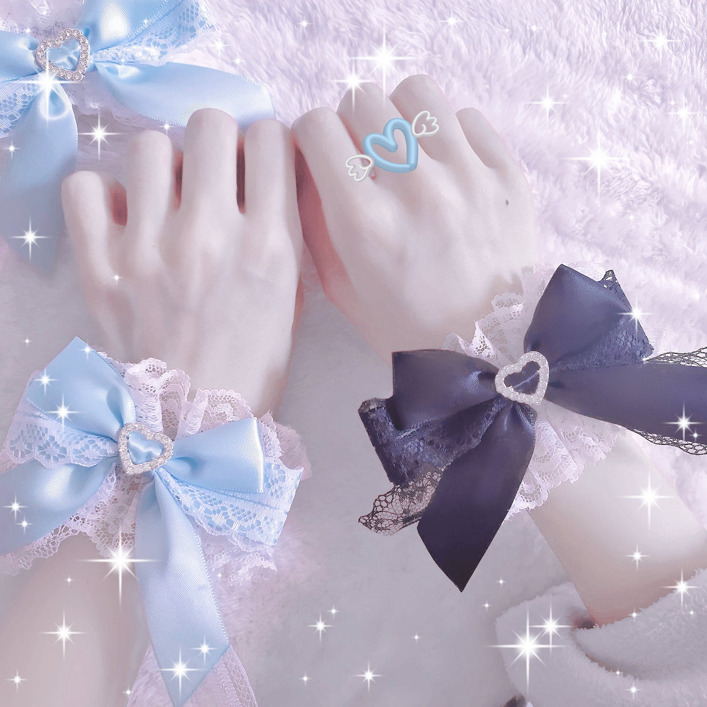 Rabbit Lolita - Sweet Heart Bow - One-Piece Lace Hand Cuff with Heart and Butterfly Accents - product detail 3