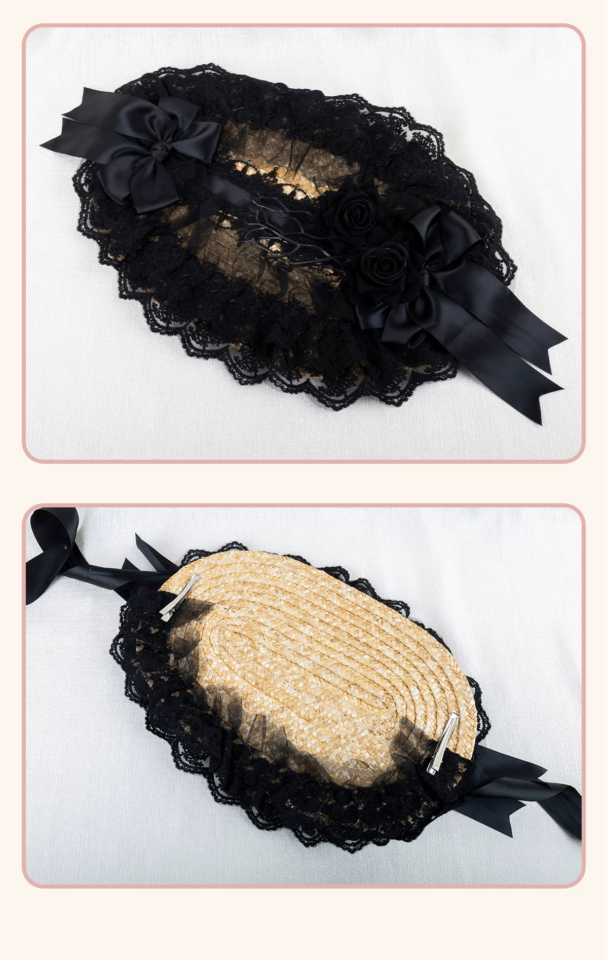 Stardust Rose - Garden Lace Bow - Flat Straw Hat with Lace Trim and Large Bow