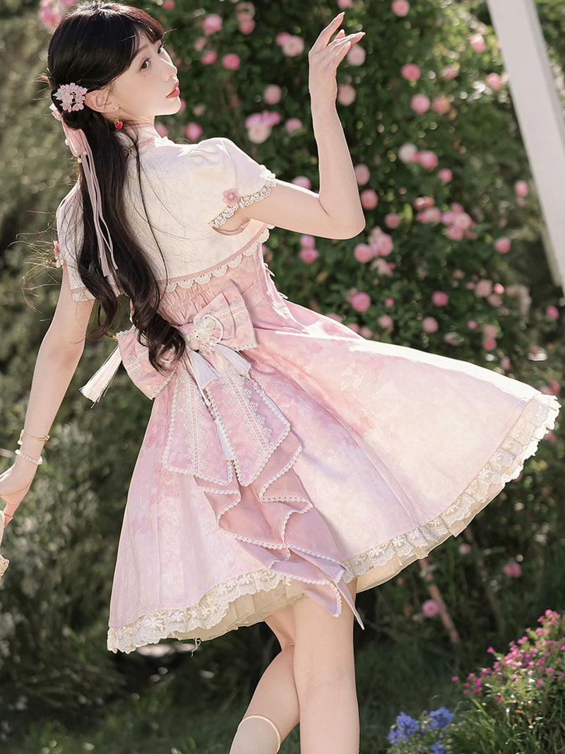Sweet Promise - New Chinese-Style Blossom - Pink princess dress with floral embroidery and lace-trimmed top