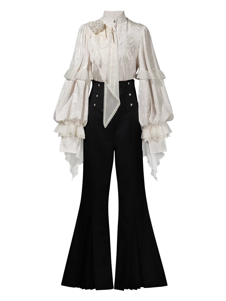 Letters from Unknown Star - Rose and Sword - Ouji Lolita Jacquard Blouse & High Waist Pants Suit