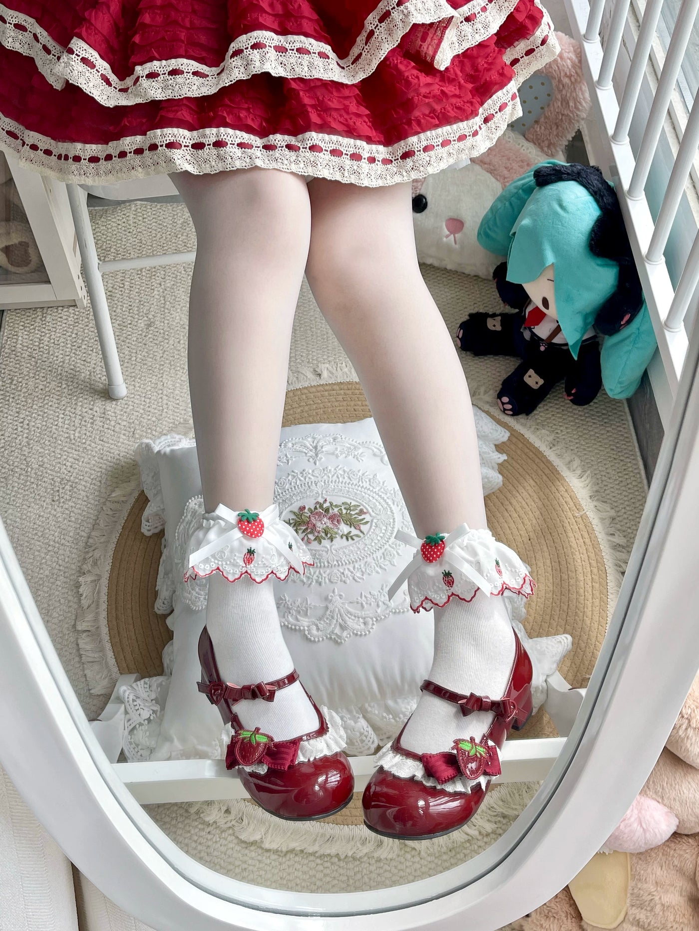 Fantasy Doll - Strawberry Bow - Mid-Calf Socks with Strawberry Motifs and Lace Trim