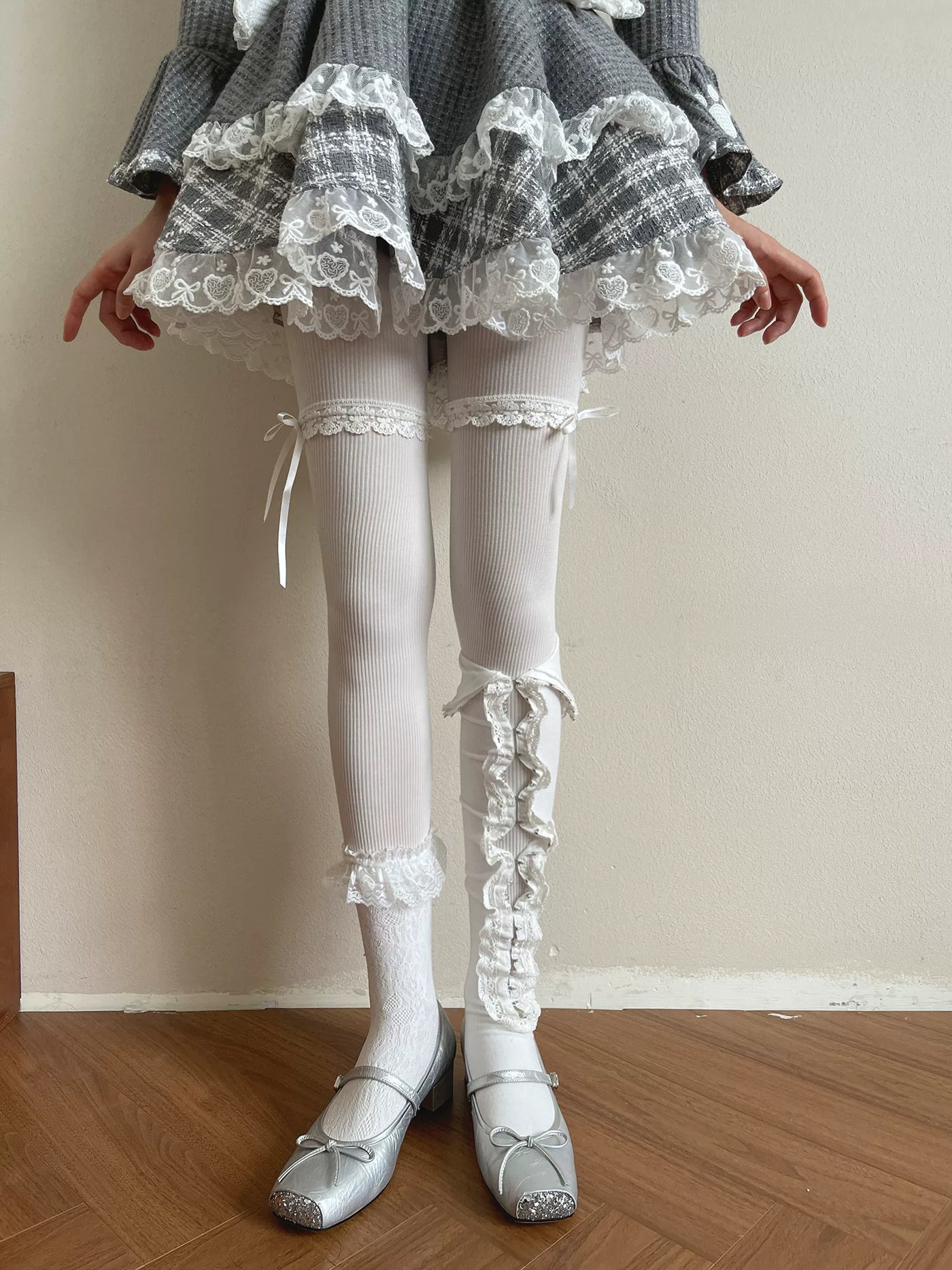 Sock Noble - White Lace Layering - Tights and Mid-Calf Socks with Vertical Stripes