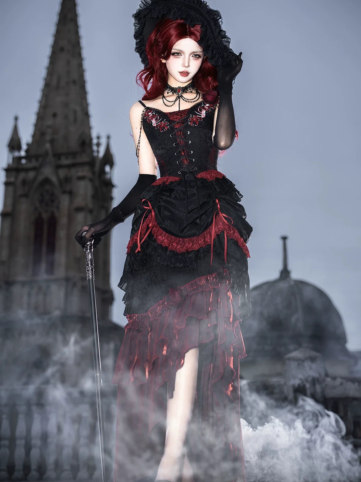 Your Princess - Bone Rot Bloom - Gothic Lolita Embroidered Camisole & Drawstring Lift-up Hem Skirt