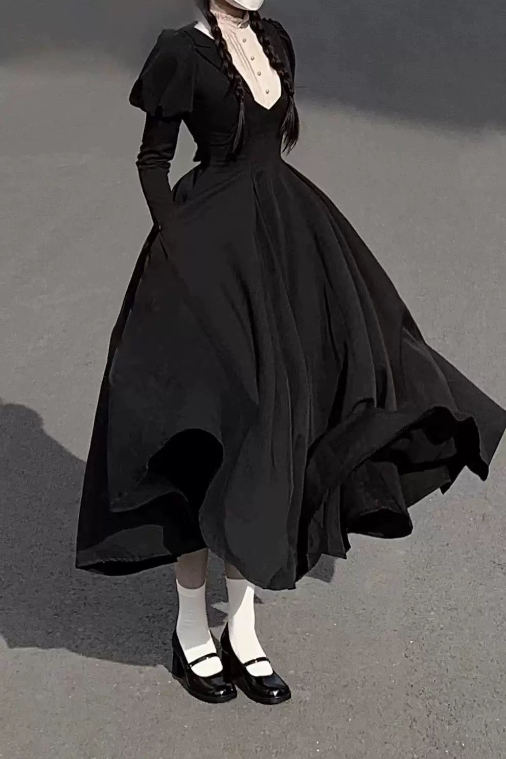 Sweetheart Dream Machine - Six-Panel Black - Long One-Piece Dress with Puff Sleeves
