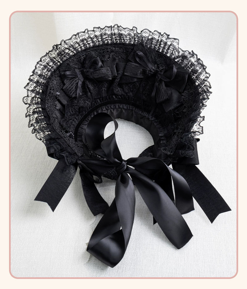 Stardust Rose - A035 Black Lace - Black Lace Headwear and Hand Sleeves with Ribbon Bows