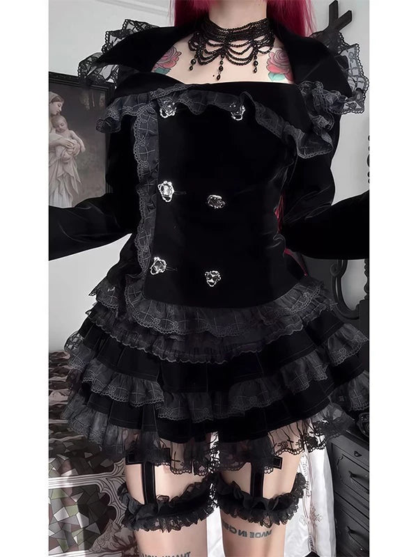 Gothic lolita two-piece set with double-breasted coat and lace-trimmed half skirt