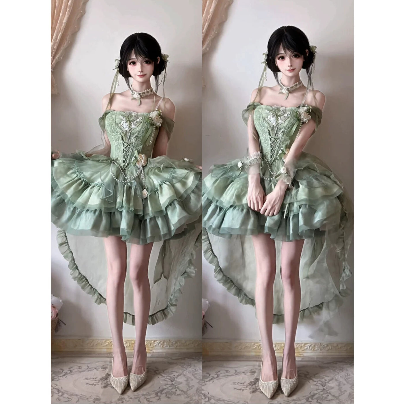 Creamy - Ballet Chinese Princess - Green Lolita Dress Set with a Layered Train