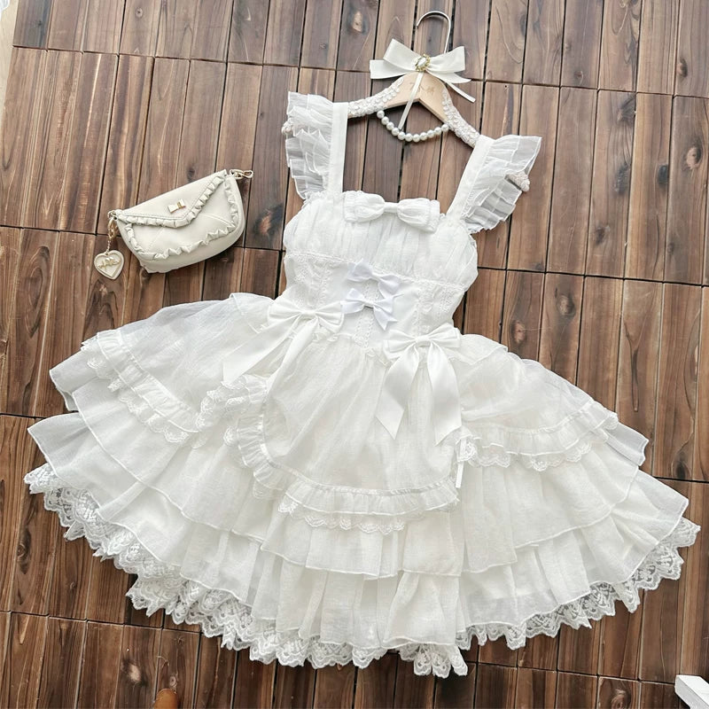 Lady Han Feather Love Bridal JSK Dress by Lolita Fetch featuring a lace-trimmed, elegant wedding dress with feather details and floral accents.
