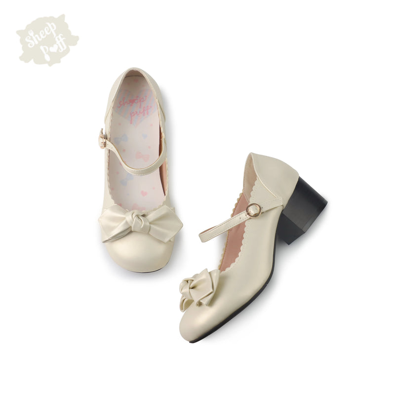 Sheep Puff Rounded Bow Sakura Matte Lolita Shoes showing pink shoes with bows and floral details.