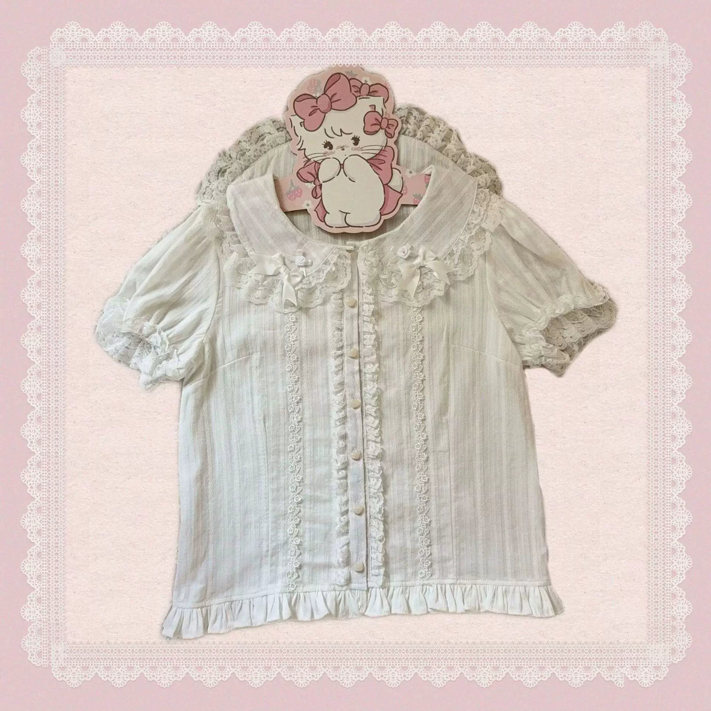 Sweetheart Dream Machine - Vintage Floral Wall - Doll-Collar Blouse with Fabric Flowers and Lace Trim