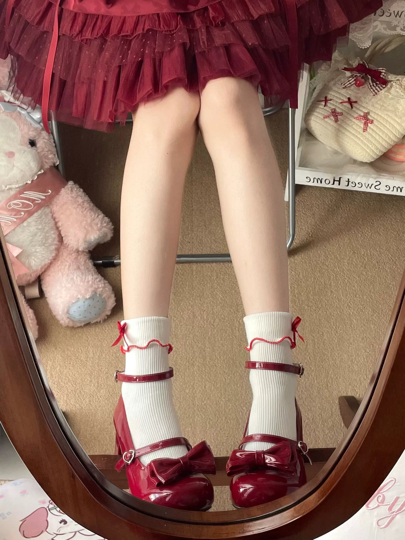 Fantasy Doll - Japanese Red Trim - Red-trimmed mid-calf socks with ruffled edging and bows