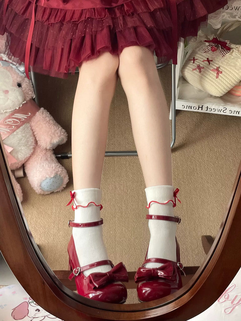 Fantasy Doll - Japanese Red Trim - Red-trimmed mid-calf socks with ruffled edging and bows