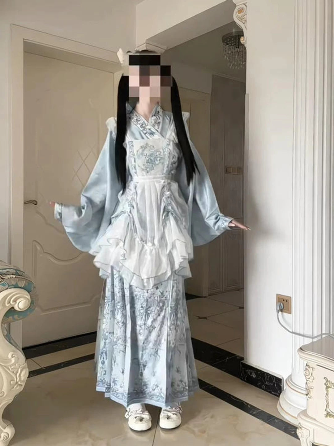 Creamy - Blue Han-Yang Fusion - Hanfu Outfit Set with a cross-collar top and embroidered overskirt
