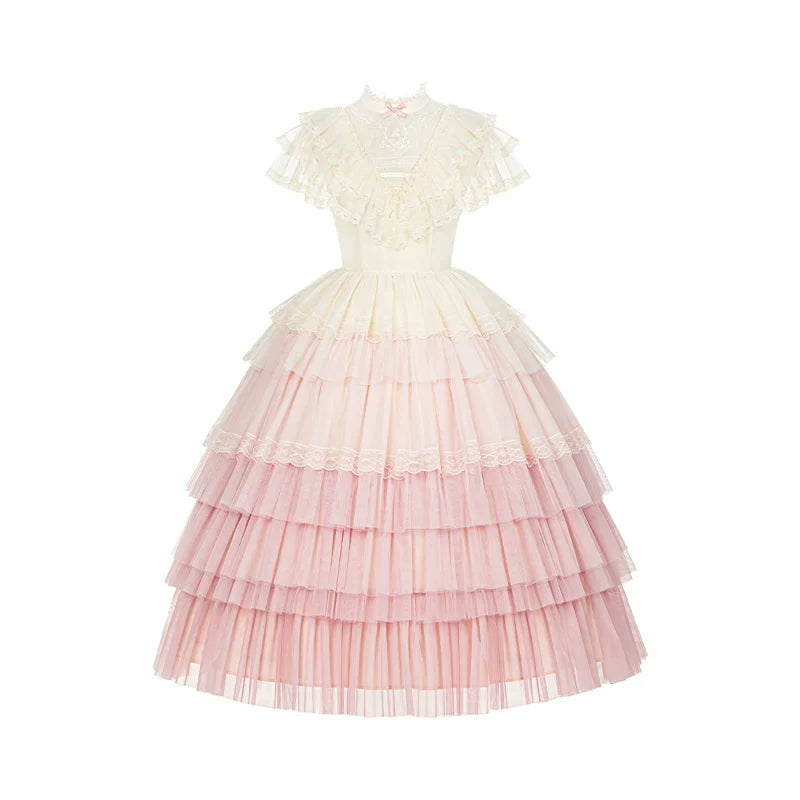 True Vow - Embroidered Classic Lolita Dress, Layered Gradient Hem Pink-beige Gradient OP Only S