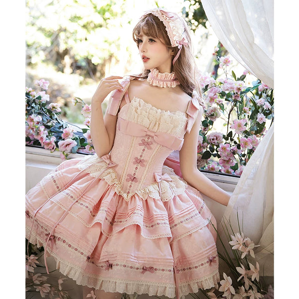 Inmorelli pink ballet JSK dress with tiered lace-trim skirt and bows