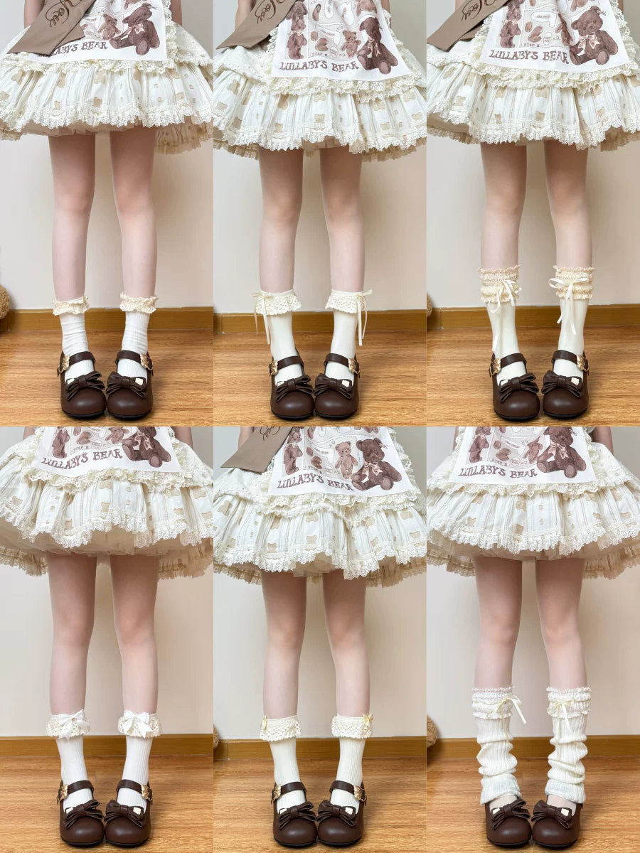 Chubby Bear Tales beige and white lace socks shown in a model-worn style collage.