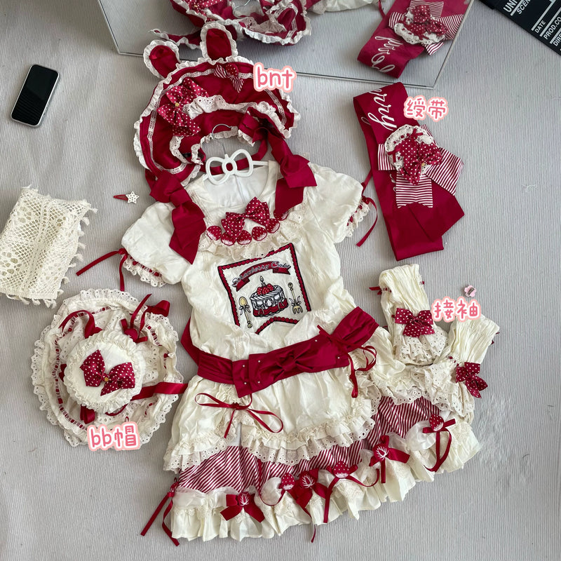 Snow Meow: Strawberry Sweetheart Red and Cream Lolita OP Dress Set