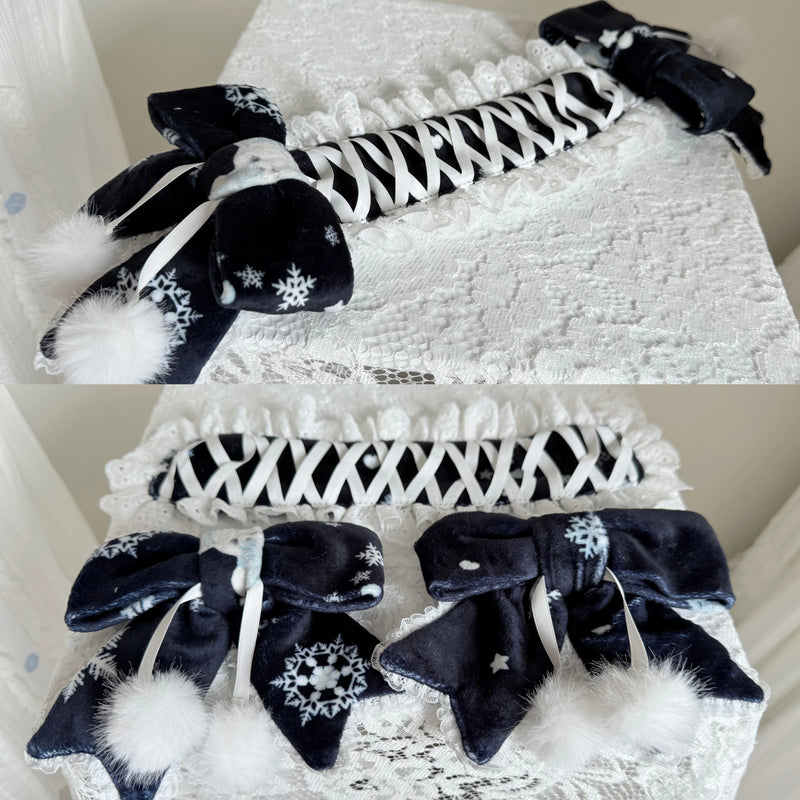 Winter Plush Lolita Headband, Bonnet & Embroidery Options — Black Convertible Headdress / Hair Clips