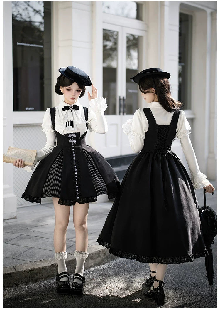 With PUJI - Monochrome Sonata - Classic Lolita Bust-supporting JSK Set, Piano Inspired