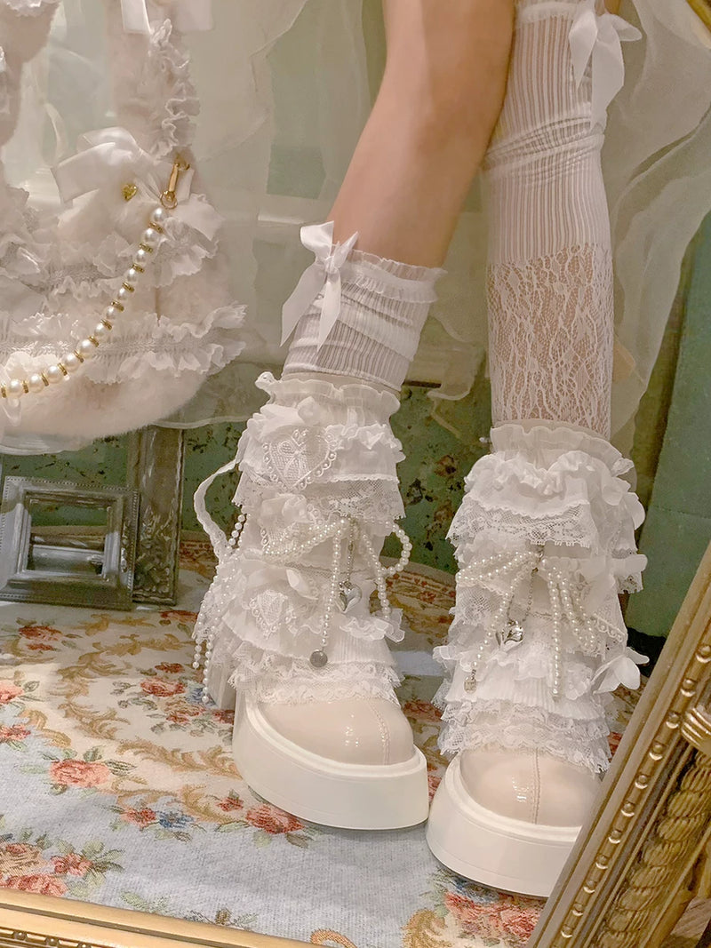 pinkyo White Patent-Finish Pearl & Lace Platform Boots — additional product view