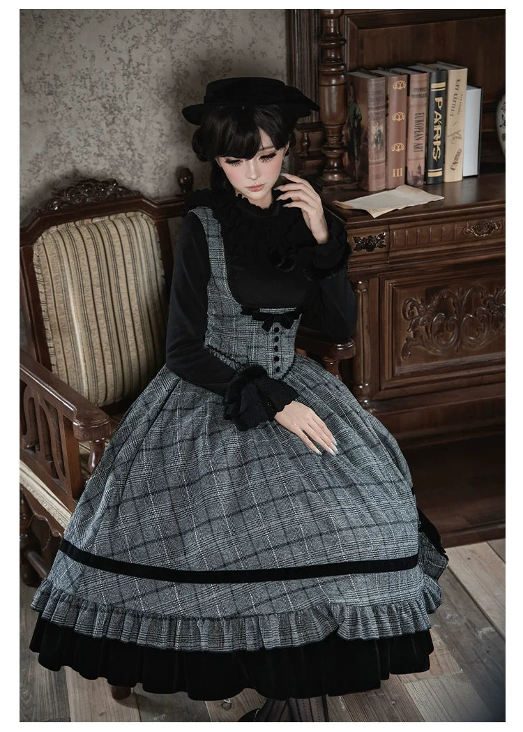With PUJI - Yesterday's Epistle - Winter Classic Lolita Plaid Dress Set, Fishbone Waist