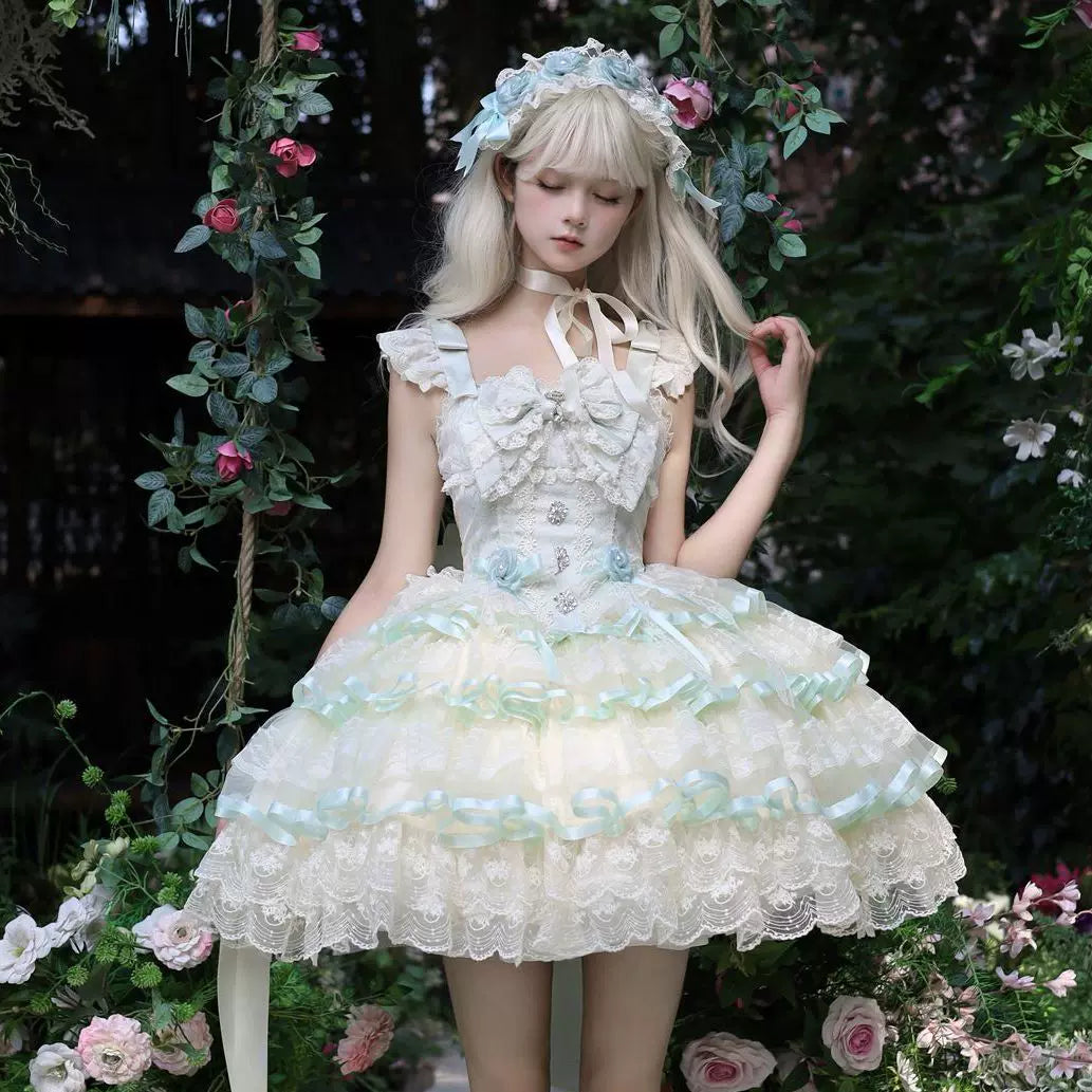 Lady Han Rose Feather Spin Ballet JSK dress by Lolita Fetch featuring pink rose and feather details on a elegant ballet-style dress.