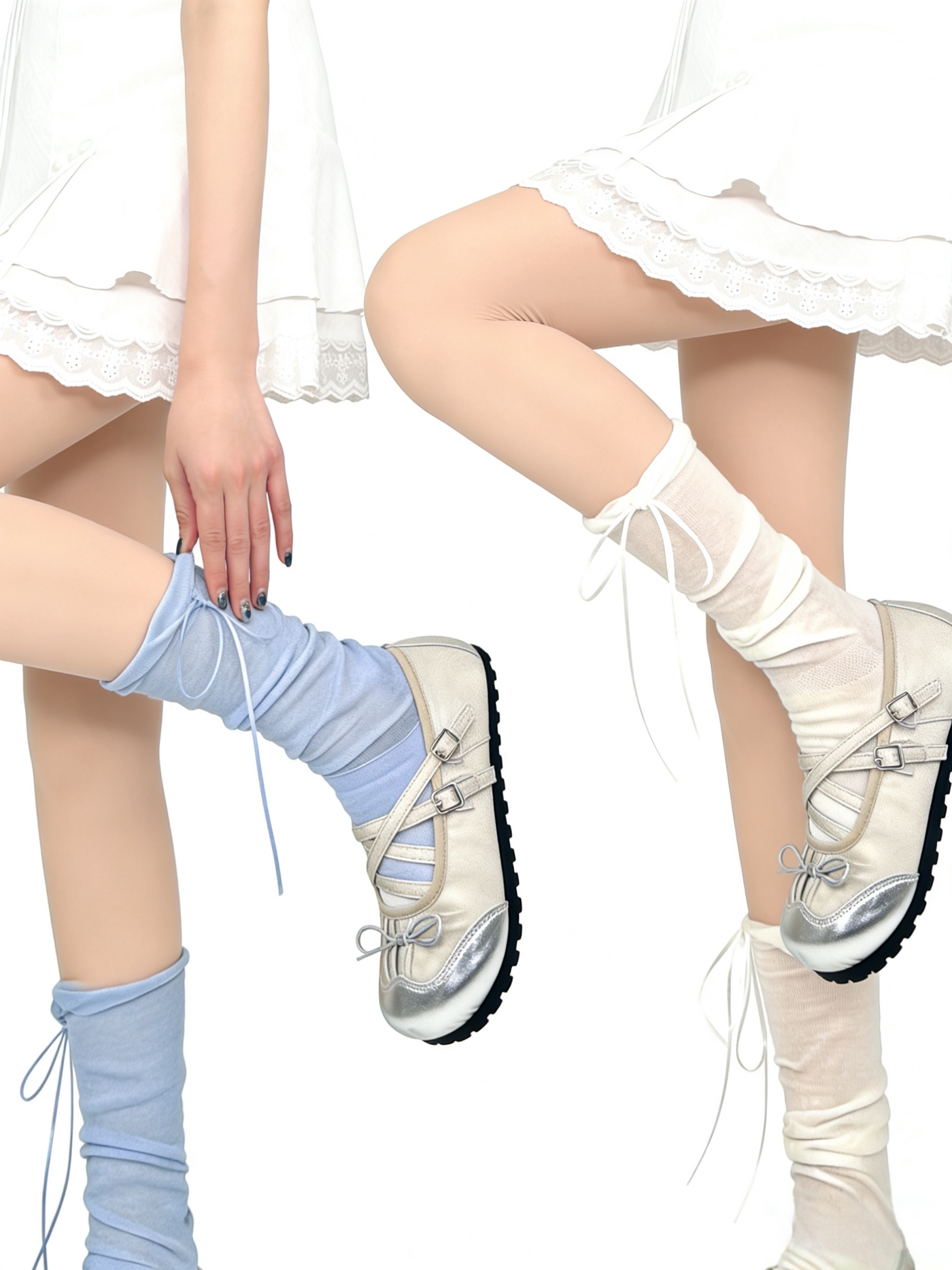 White Socks - Bow-Tie Slouch - Ruffle-Edge Mid-Calf Socks with Tie Details