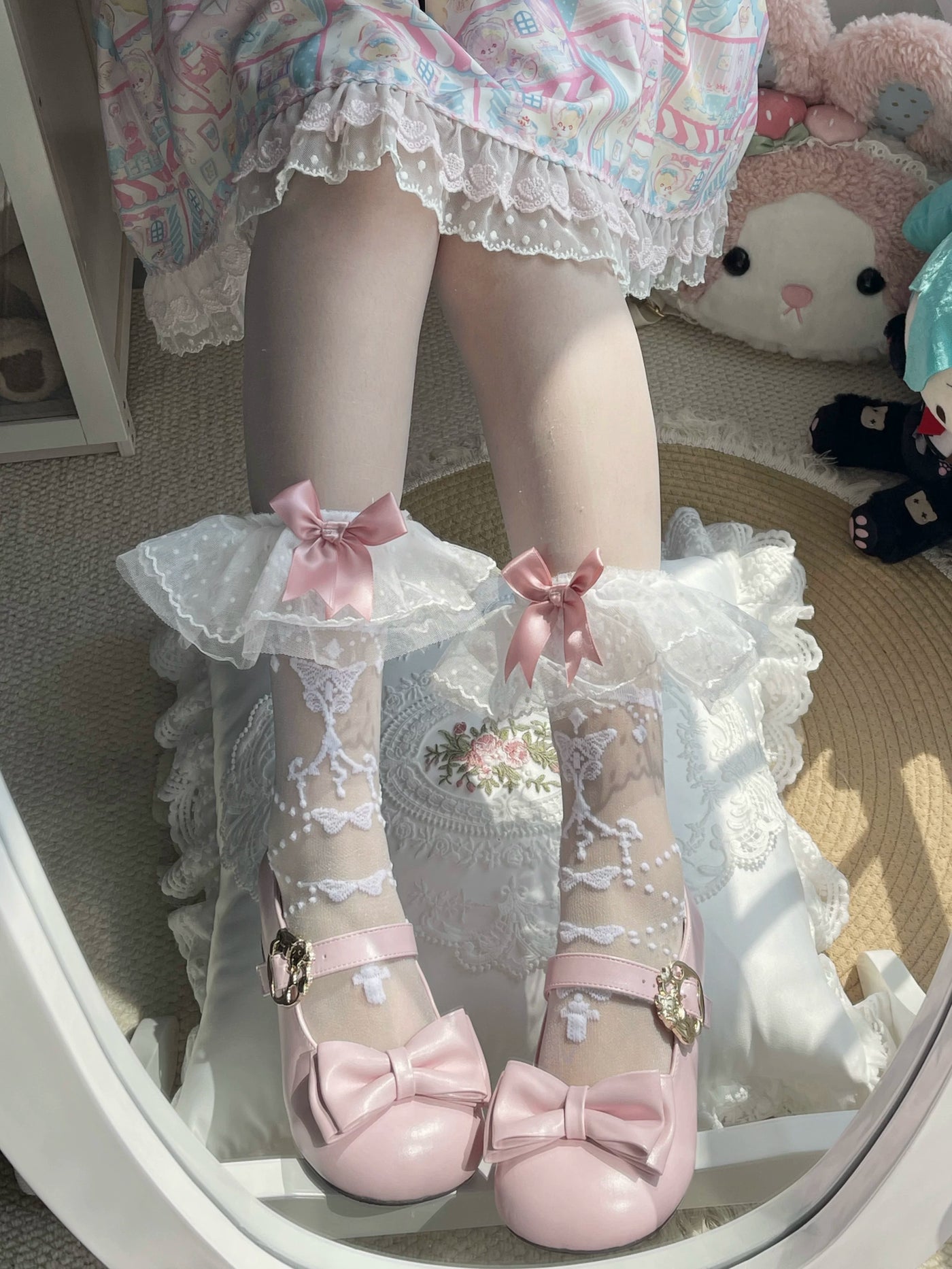 Fantasy Doll - Butterfly Prayer - Sheer Mid-Calf Socks with Layered Lace Cuffs
