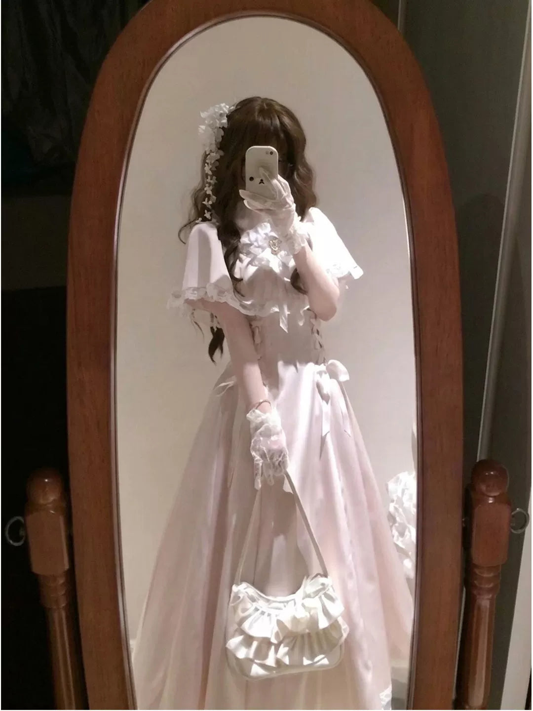 Creamy - Lace Cape Princess - Pink Long One-Piece Dress with Cape Sleeves