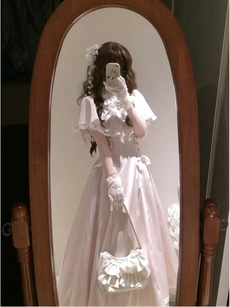 Creamy - Lace Cape Princess - Pink Long One-Piece Dress with Cape Sleeves