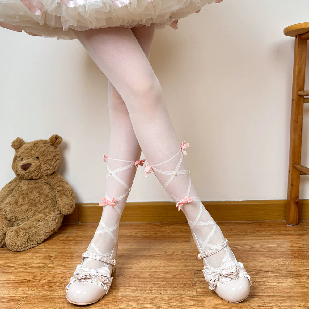 Beige bow-accent Lolita sheer tights