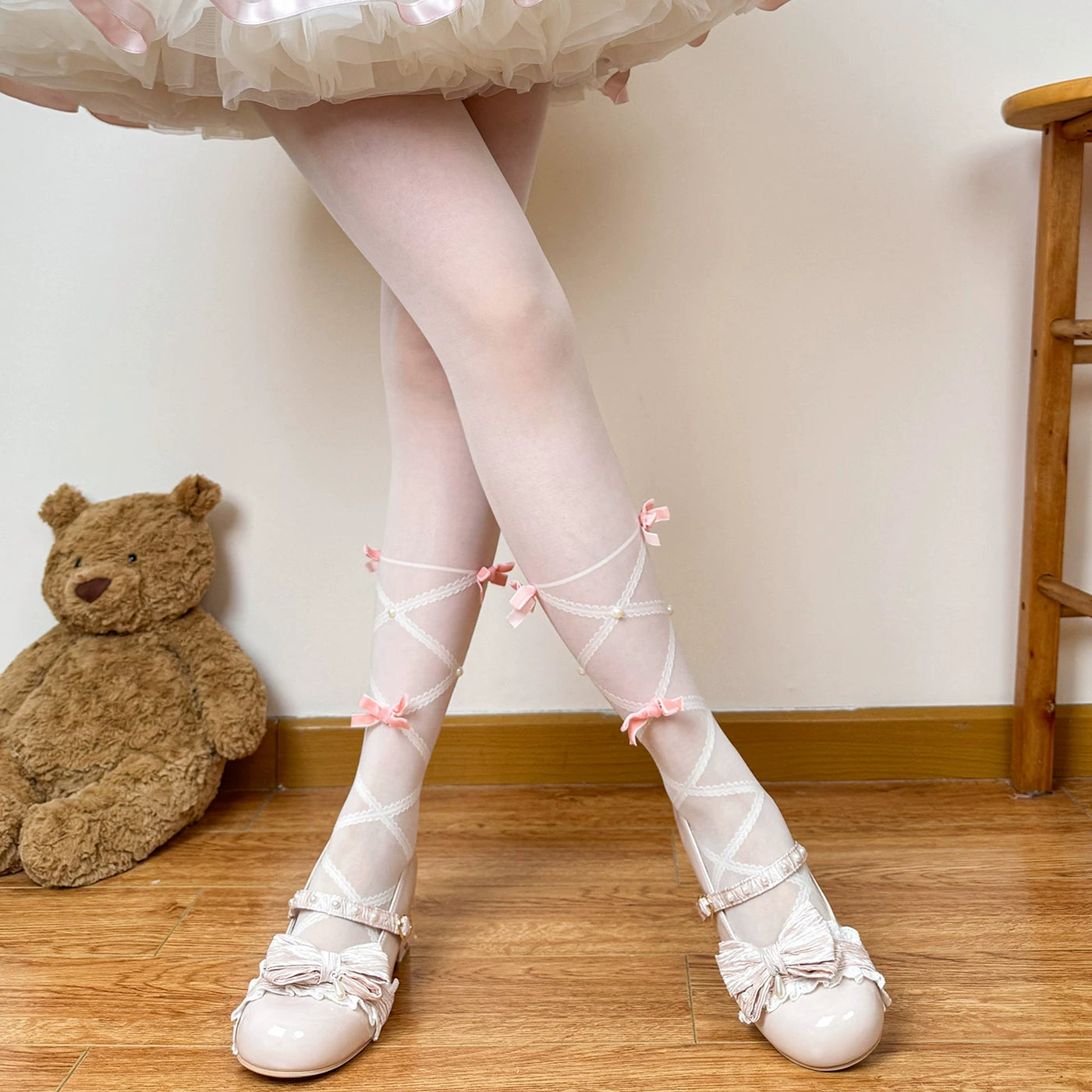 Beige bow-accent Lolita sheer tights